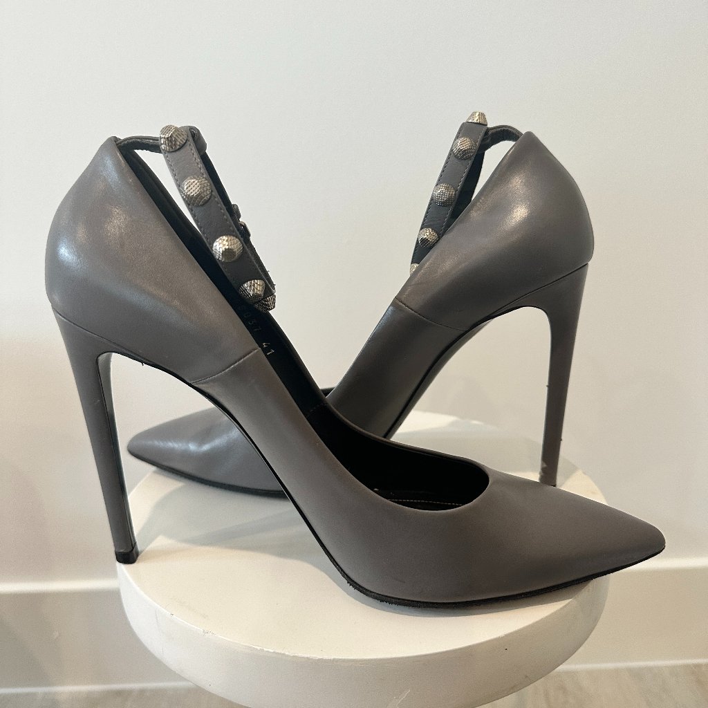 Balenciaga Grey Studded Leather Ankle Strap Pumps / Size 41